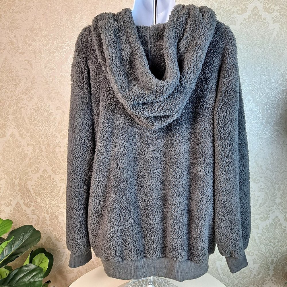 Gray Teddy Bear Hoodie Size Large 1/4 Zip Side Pockets Fuzzy Drawstring Hood EUC - Picture 7 of 11